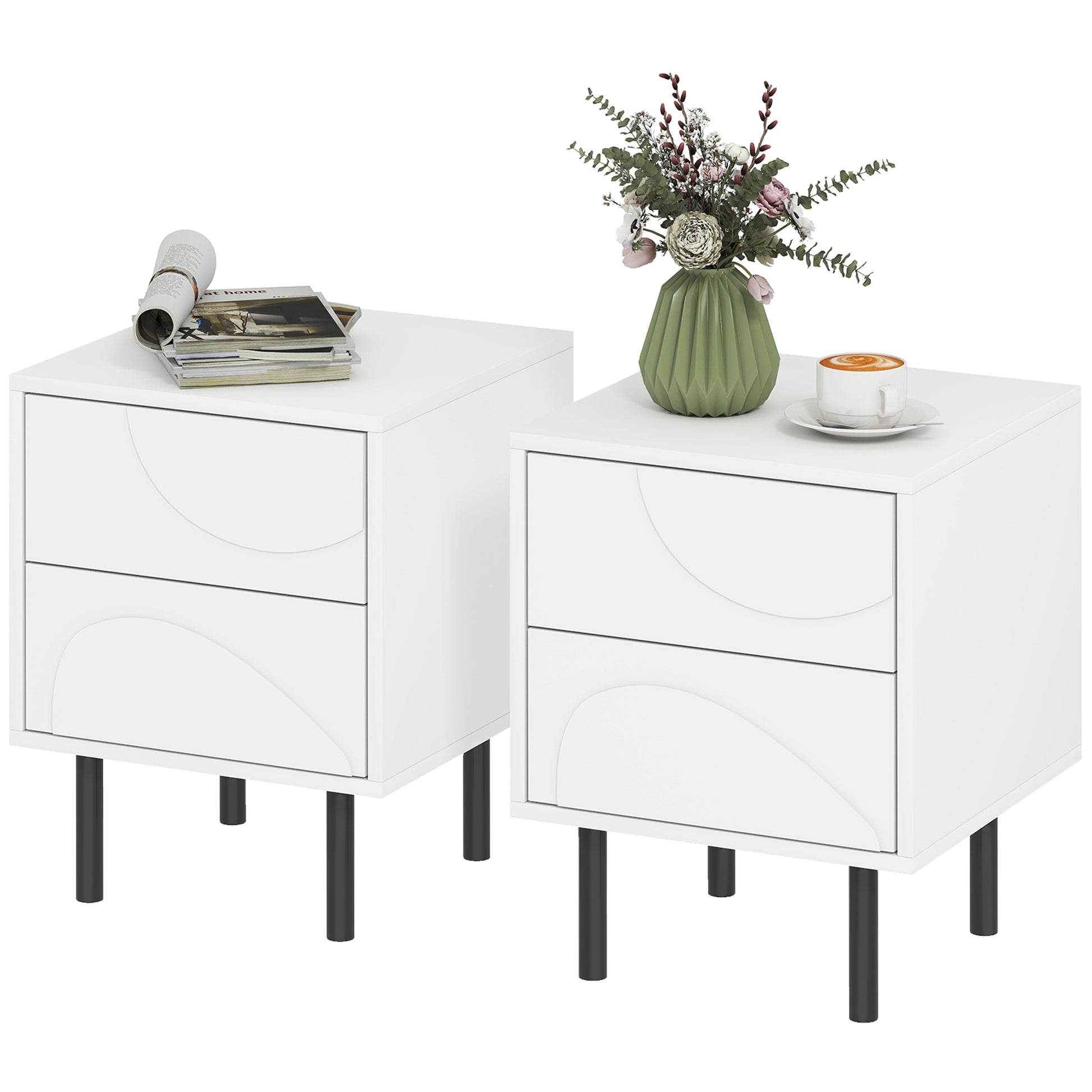 HOMCOM Modern White Nightstand Set of 2 with Push-Open Drawers, Steel Legs