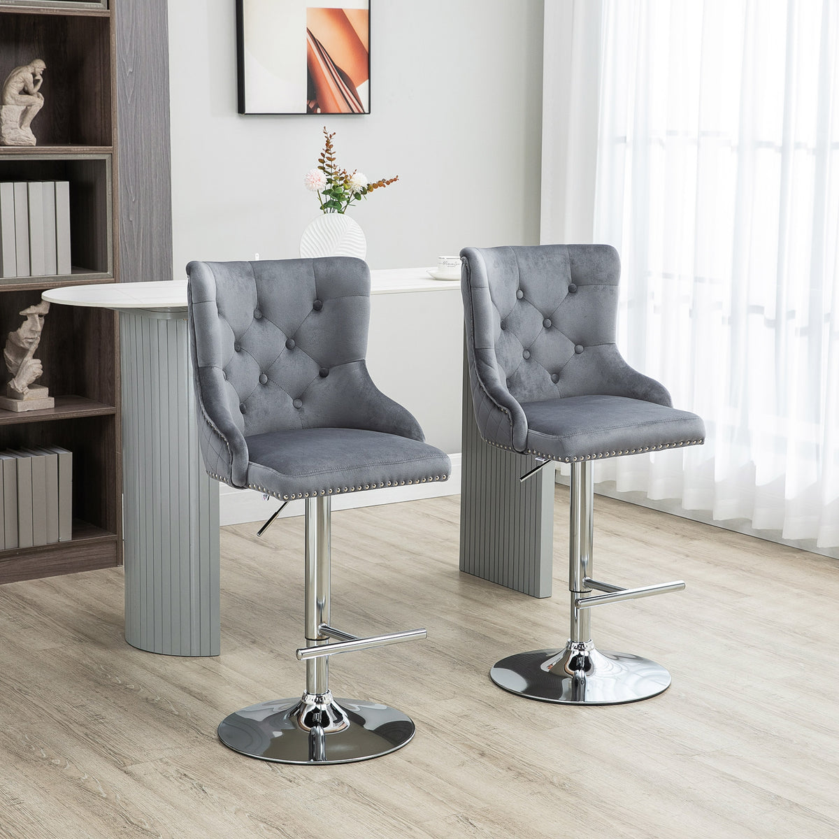 Button-Tufted Velvet Wingback Swivel Bar Stools with Nailhead Trim, Set of 2, Grey