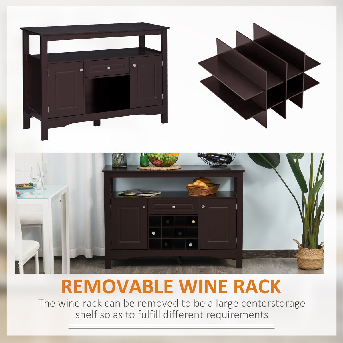 Buffet Bar Cabinet with Drawer and 12-Bottle Wine Rack – 46"W x 33"H