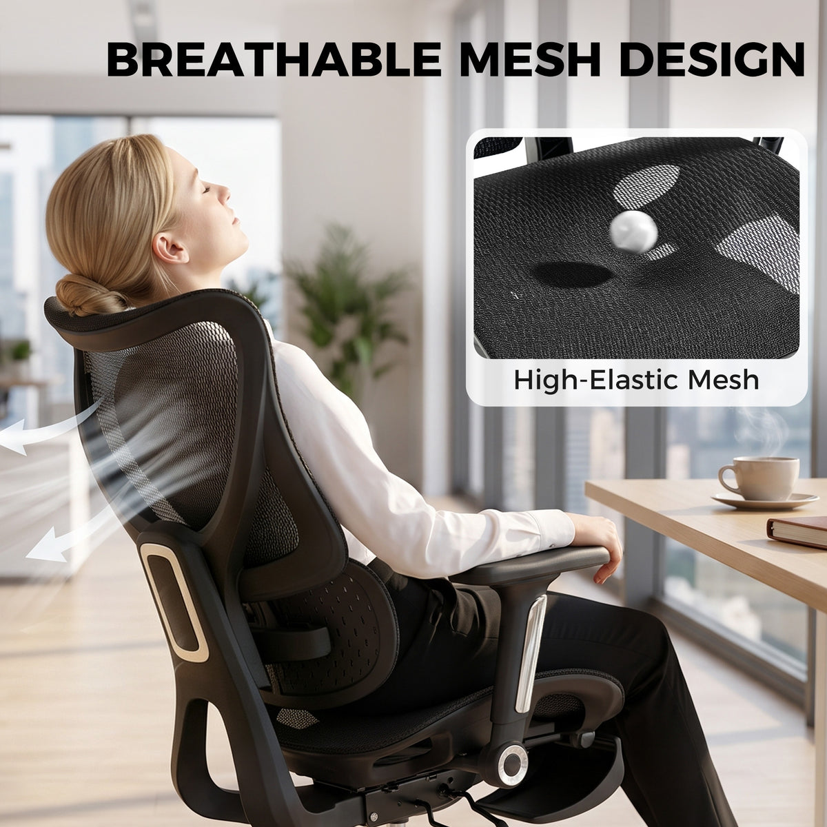 Ergonomic Office Chair with Lumbar Support, Mesh Reclining Desk Chair with Footrest, Black
