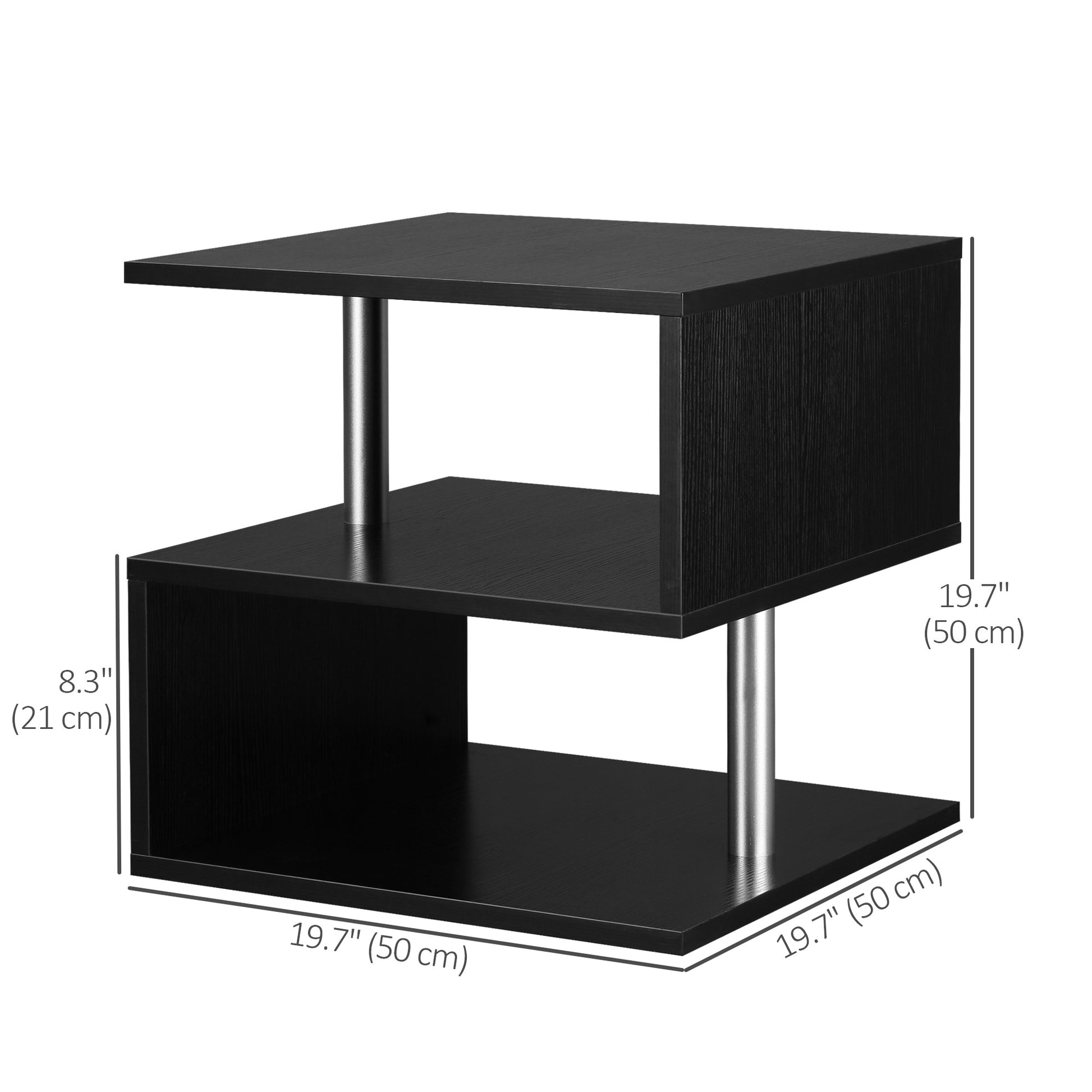 HOMCOM Modern S-Shape 3-Tier Wooden End Table with Storage Shelves, Black