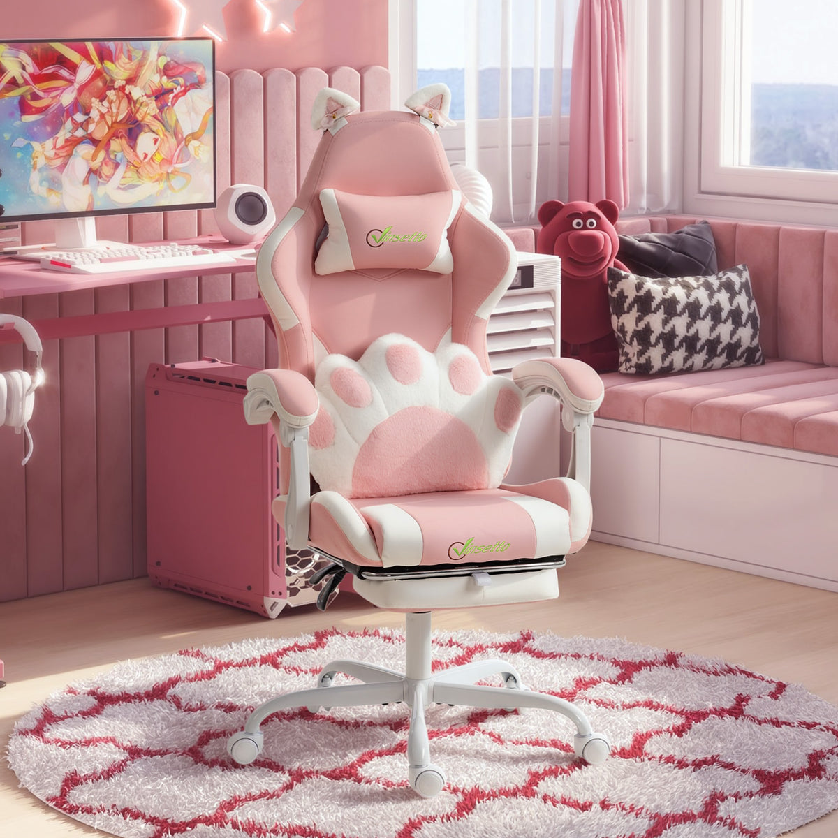 Cute Gaming Chair with Cat Ears, Gamer Computer Chair with Lumbar Support, Footrest, Pink
