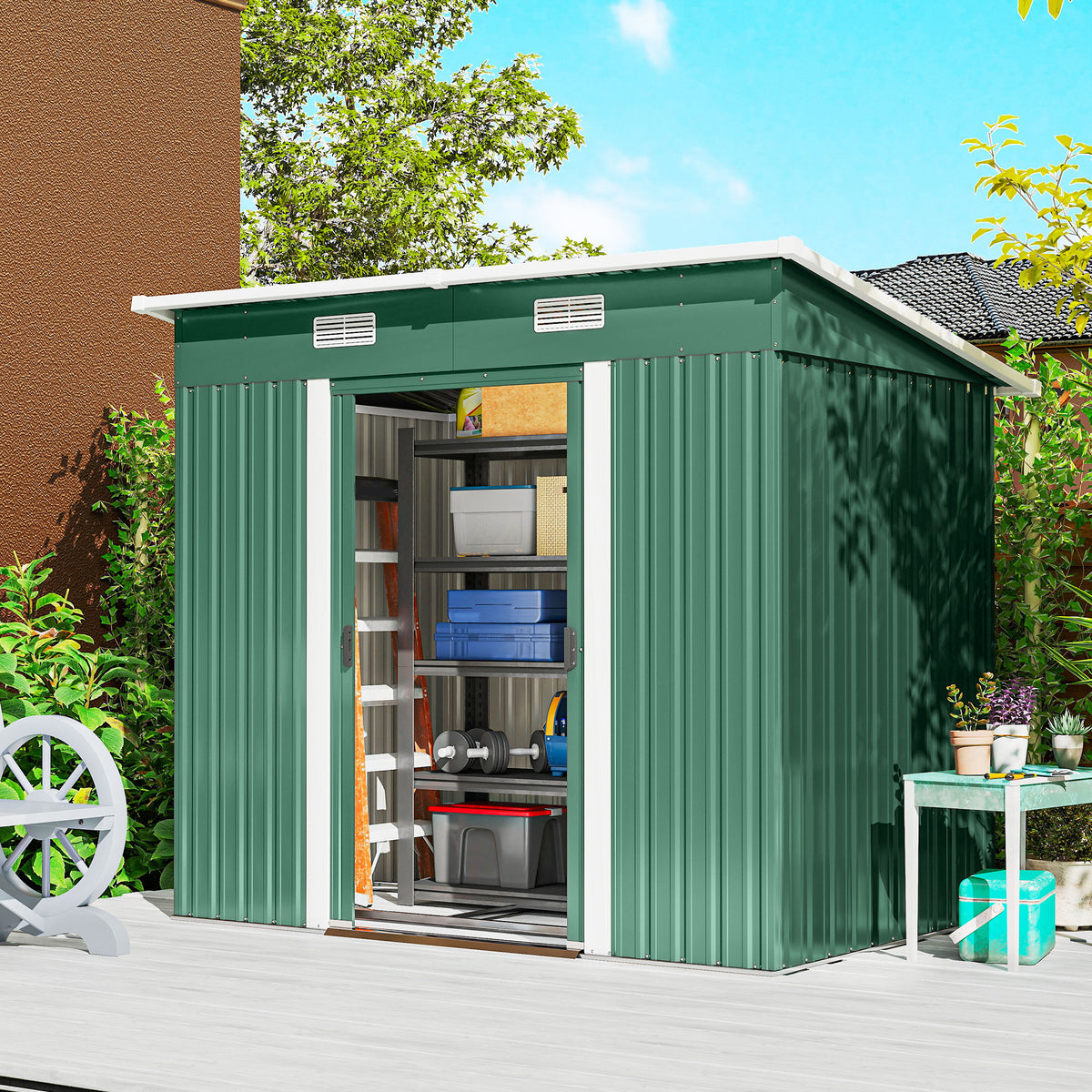 7'x 4' Metal Patio Storage Shed Garden Lockable Shed Tool Utility Storage Unit – 79.9" L x 51.2" W x 71.7" H – Green