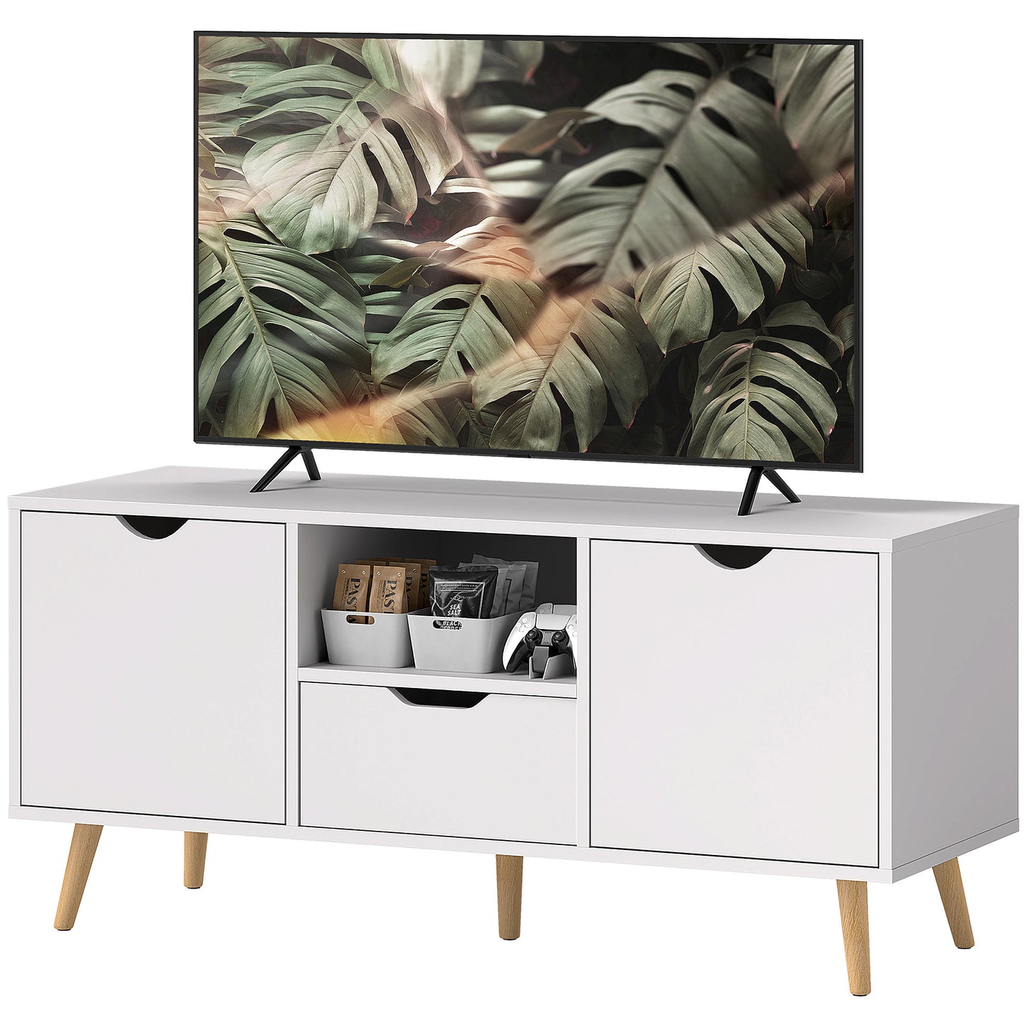 HOMCOM Modern White TV Stand with Open Shelf, Drawer & Cabinets for 50-inch TVs