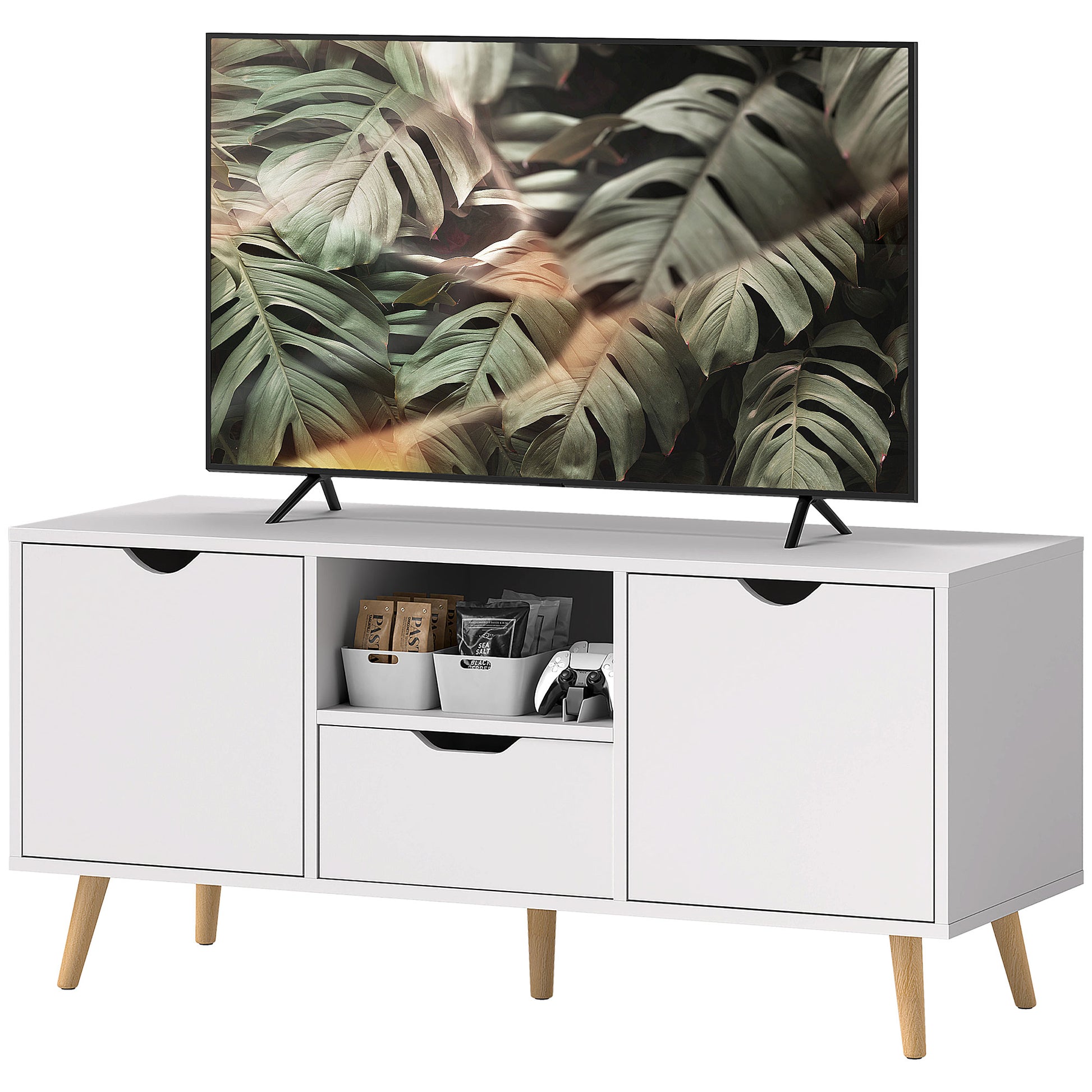 HOMCOM Modern White TV Stand with Open Shelf, Drawer & Cabinets for 50-inch TVs
