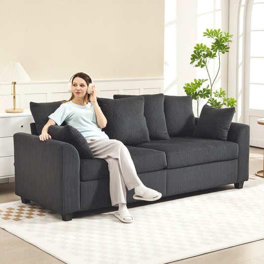 Corduroy 3-Seater Sofa with Curved Arms & 8 Pillows