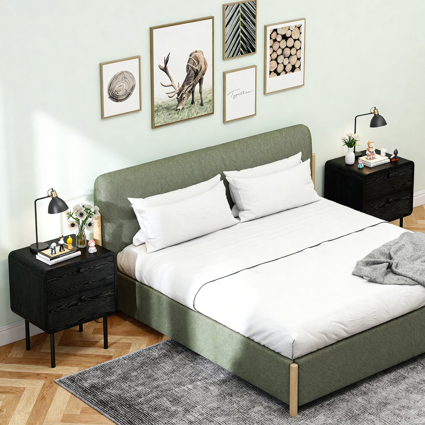 Modern Black Wood Grain Nightstands Set of Two, Dual Storage Drawers