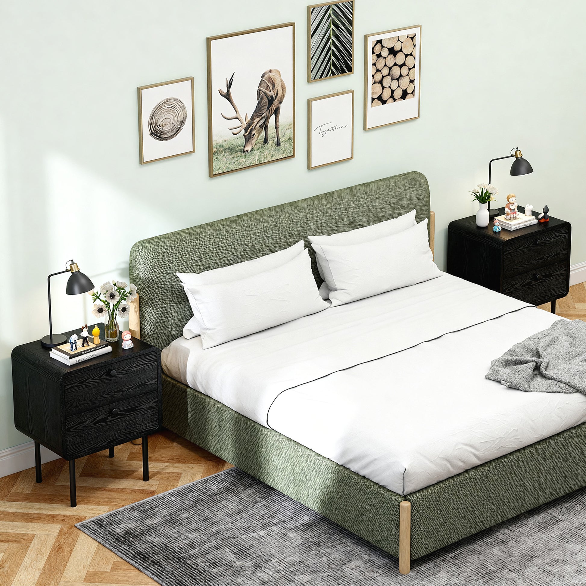 Modern Black Wood Grain Nightstands Set of Two, Dual Storage Drawers