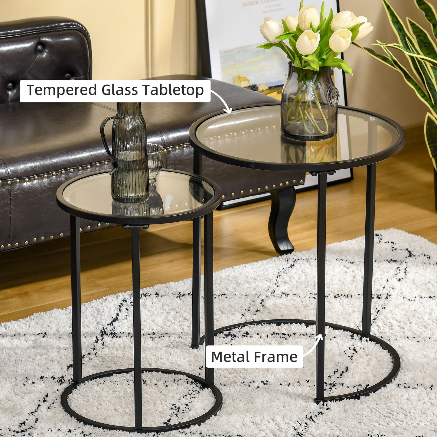 Modern Black Nesting Coffee Tables Set: Round Tempered Glass Top