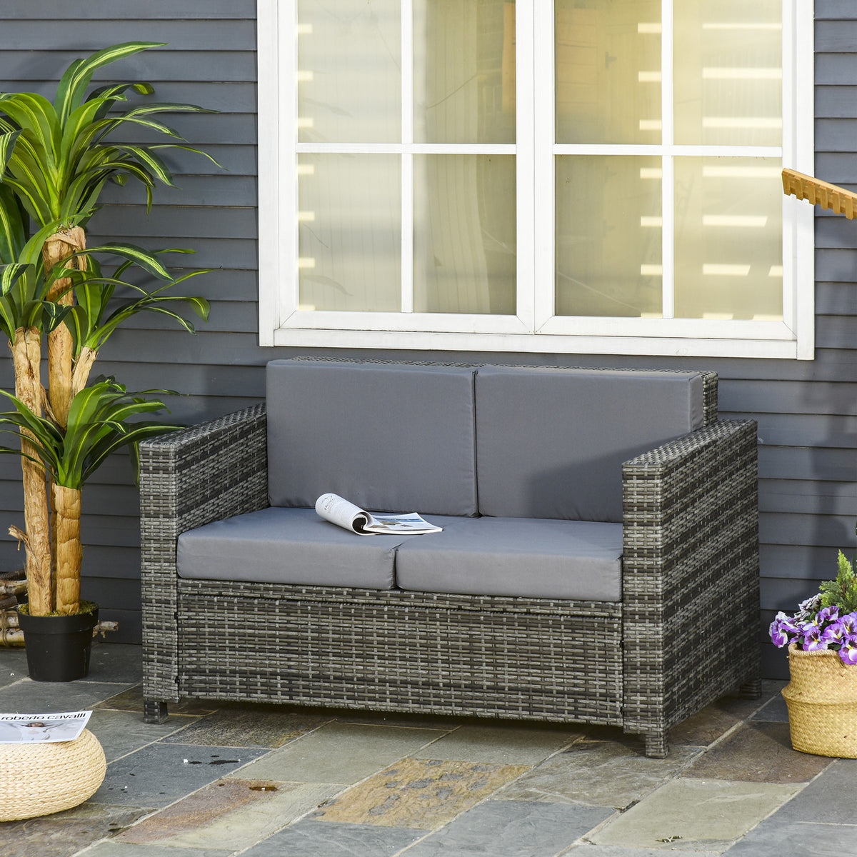 Wicker Outdoor Sofa, All Weather Patio Couch Loveseat with Cushions for Balcony, Deck, Garden, Poolside – Grey