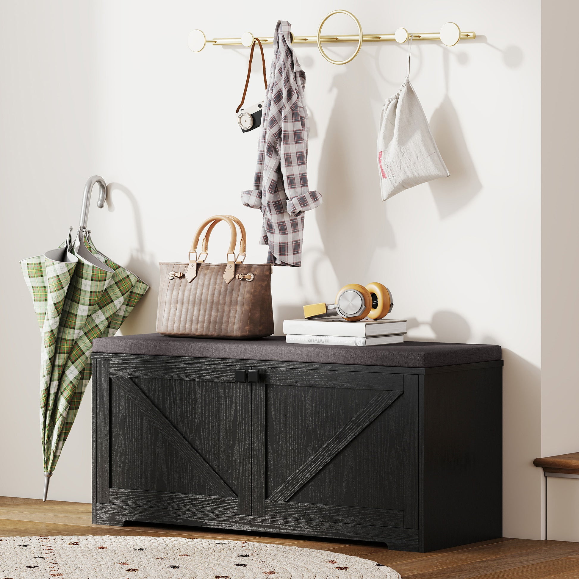 HOMCOM Entryway Shoe Storage Bench, Padded Seat, 8-Pair Organizer, Black Wood Grain