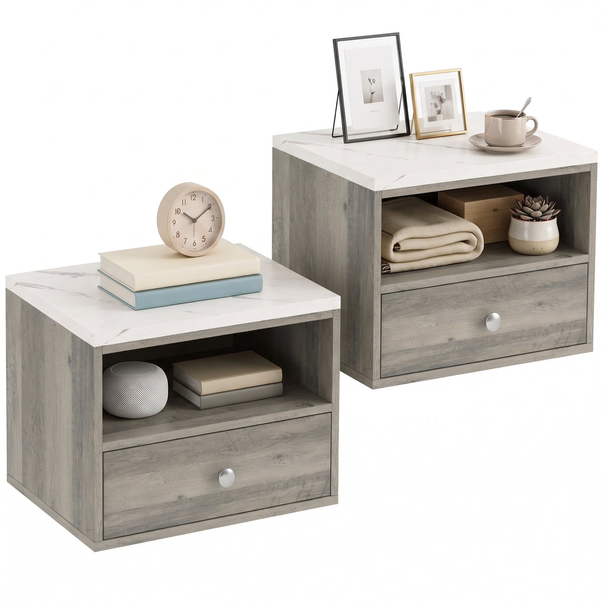 Floating Nightstands with Marble-Effect Top, Set of 2 – 11"W x 10"H