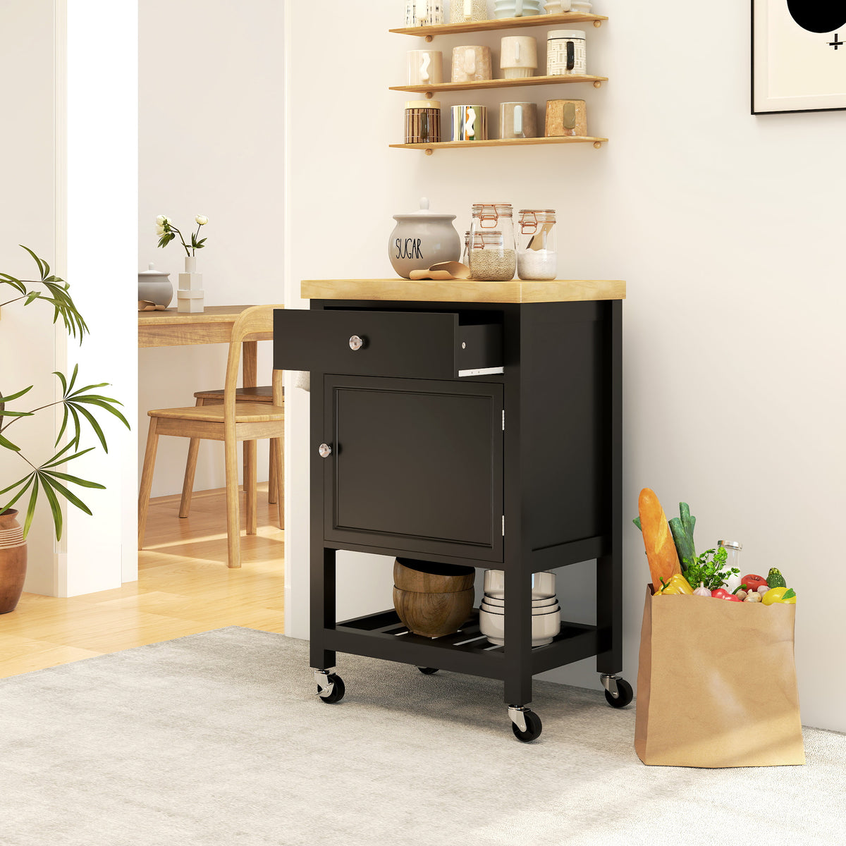 Rolling Kitchen Cart with Wood Top – 25"W x 35"H