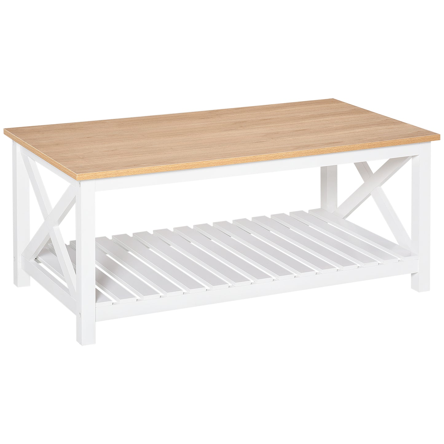 HOMCOM Farmhouse Coffee Table with Slatted Storage Shelf, X-Frame, White & Natural