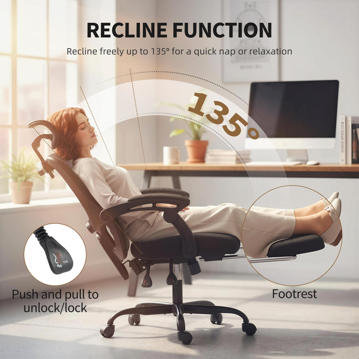 Office Chair, Ergonomic Mesh Computer Desk Chair with Adjustable Headrest, Black