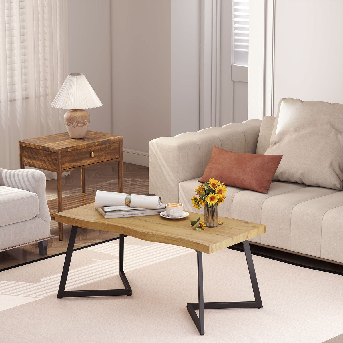 HOMCOM Coffee Table Curved Thick Top Living Room Accent Table Black Metal Legs, 39.4" x 19.7" x 17.7", Oak