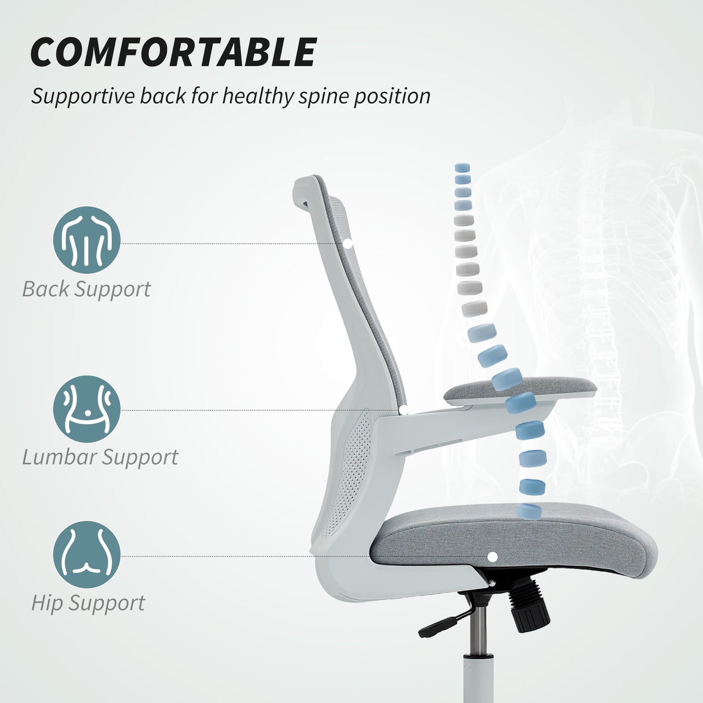 Ergonomic Swivel Office Chair with Adjustable Lumbar Support, Flip-Up Armrests, Wheels