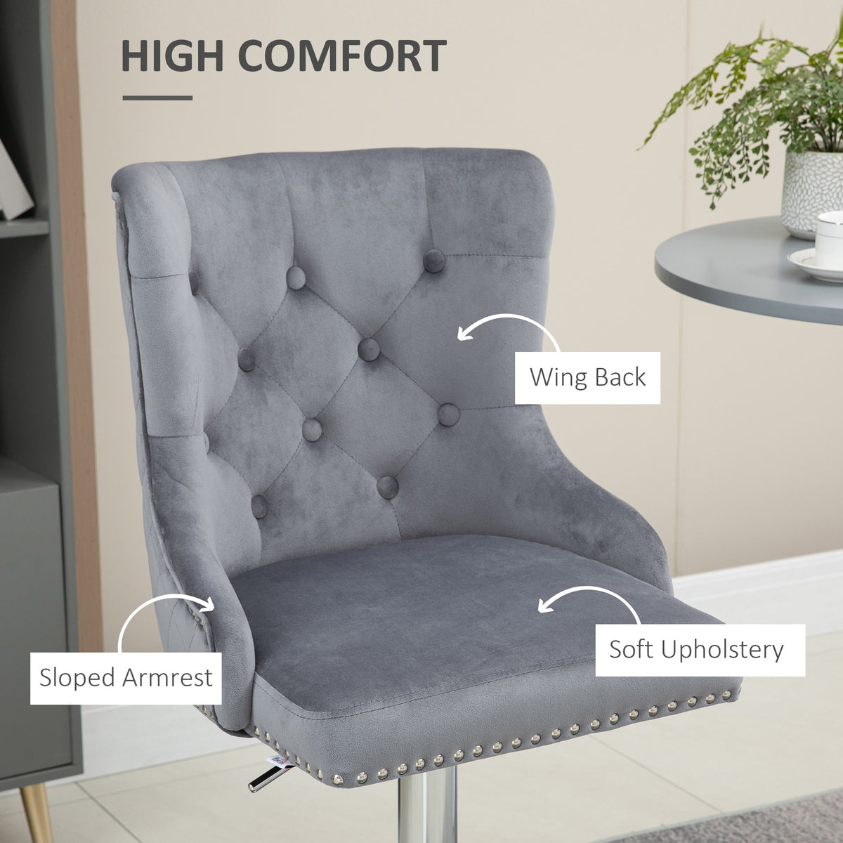 Button-Tufted Velvet Wingback Swivel Bar Stools with Nailhead Trim, Set of 2, Grey