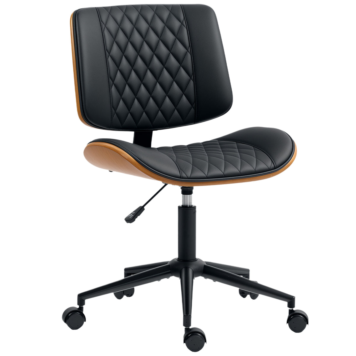Office Chair No Arms with Wheels, PU Leather Desk Chair with Adjustable Height, Black