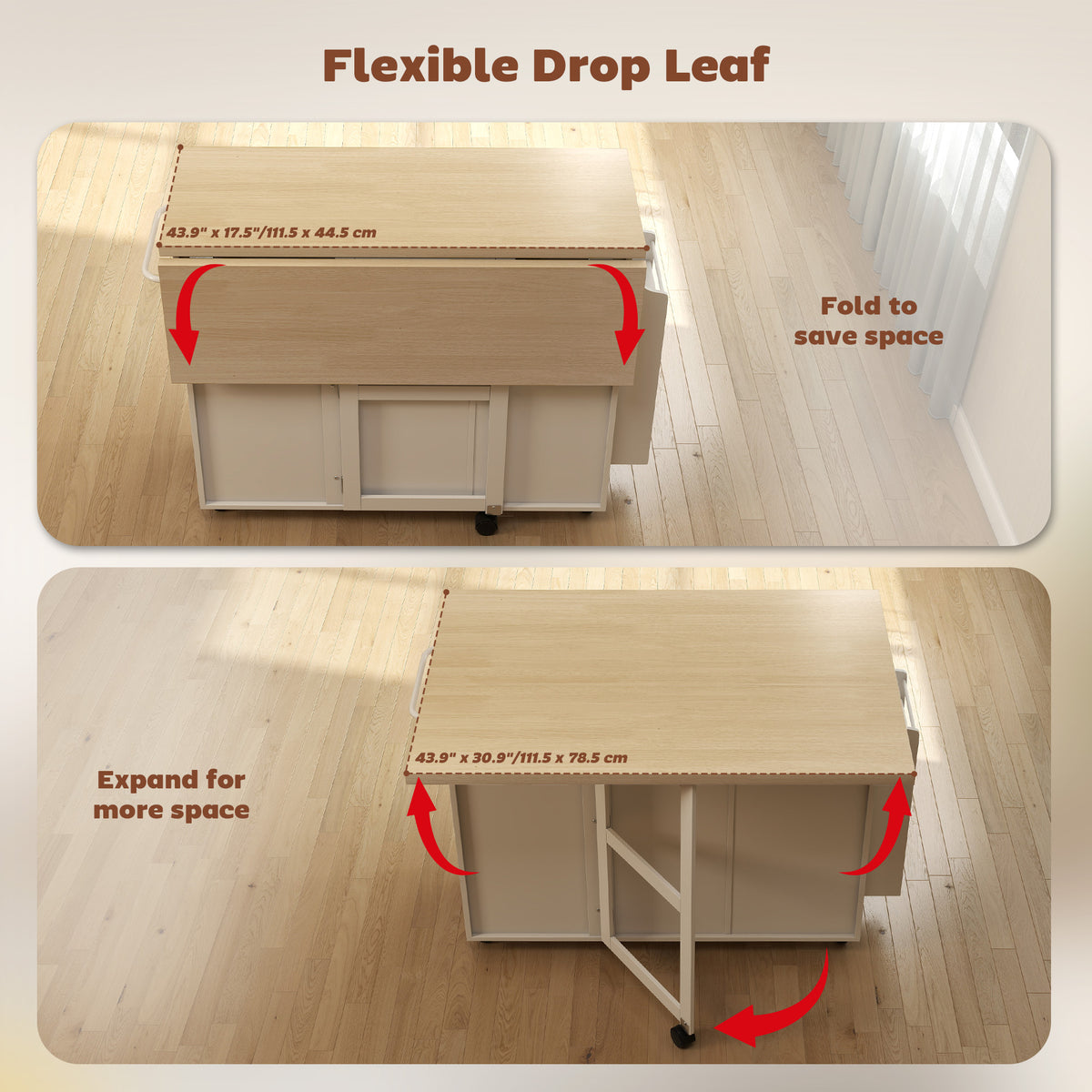 Rolling Kitchen Island Table with Drop Leaf – 49"W x 36"H