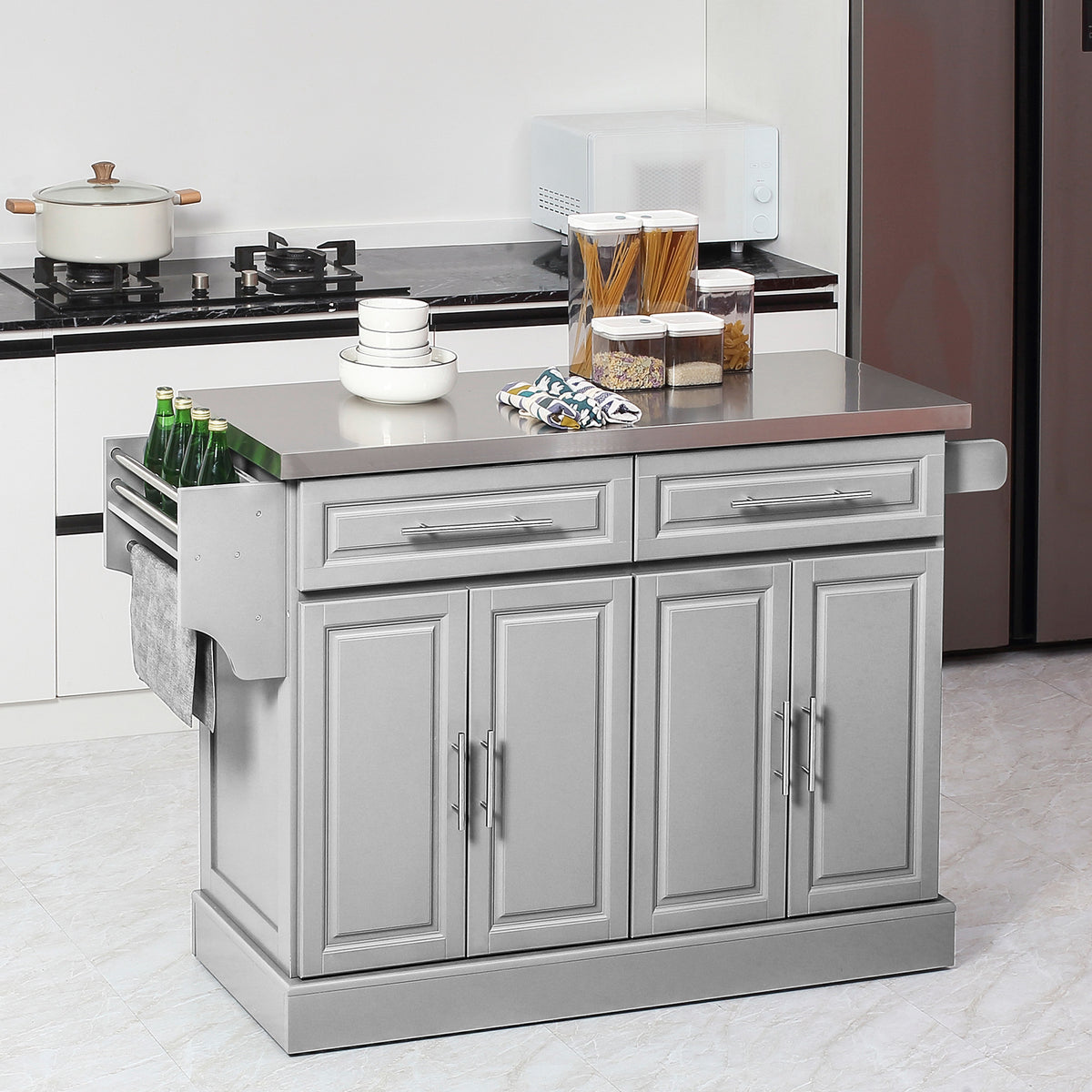 Kitchen Island with Stainless Steel Top – 57"W x 36"H