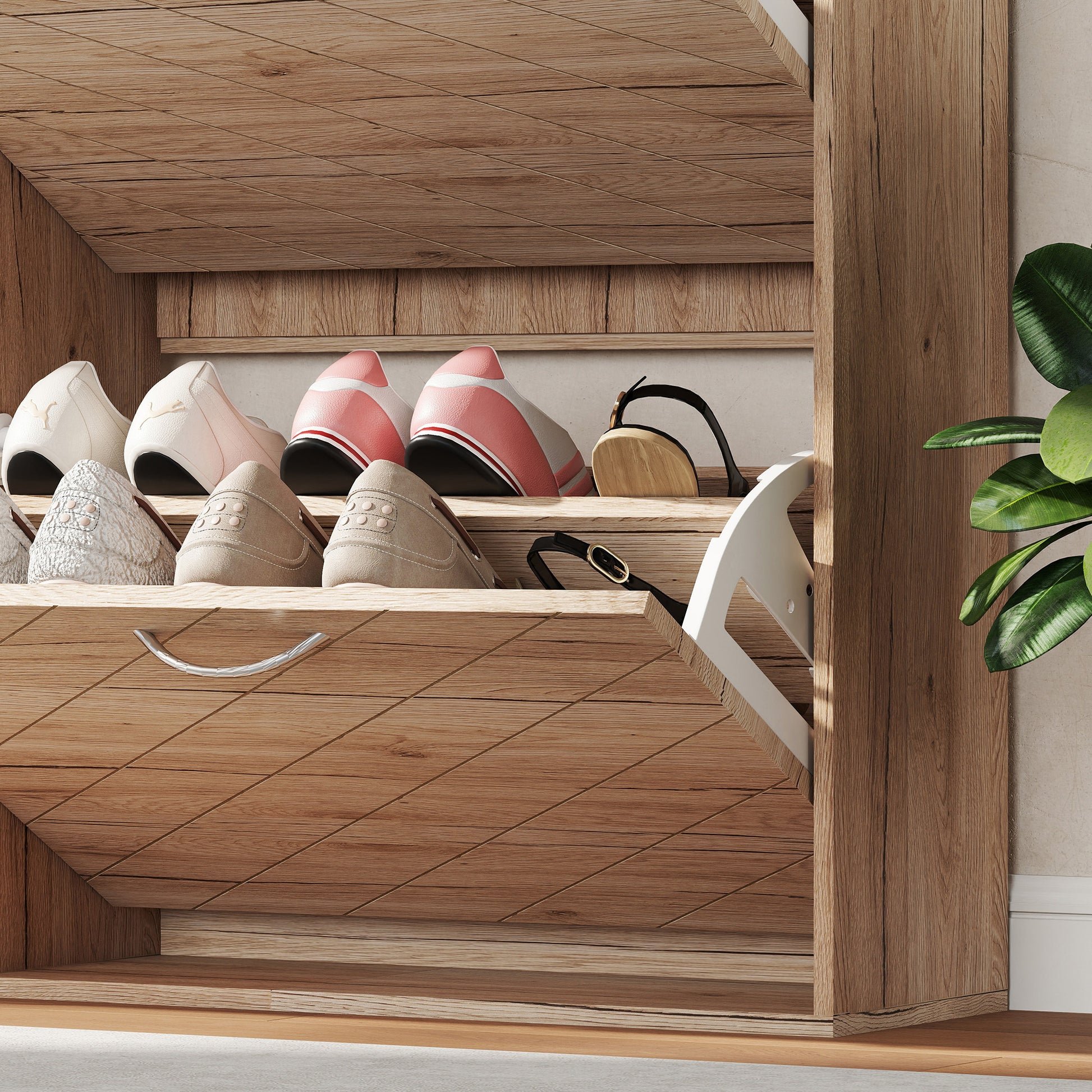 HOMCOM Slim Oak 4-Drawer Shoe Cabinet for 12 Pairs, Entryway Storage