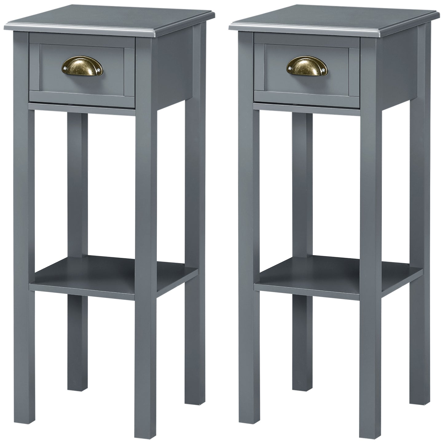 HOMCOM Set of 2 Slim Grey Wooden Nightstands with Drawer and Shelf