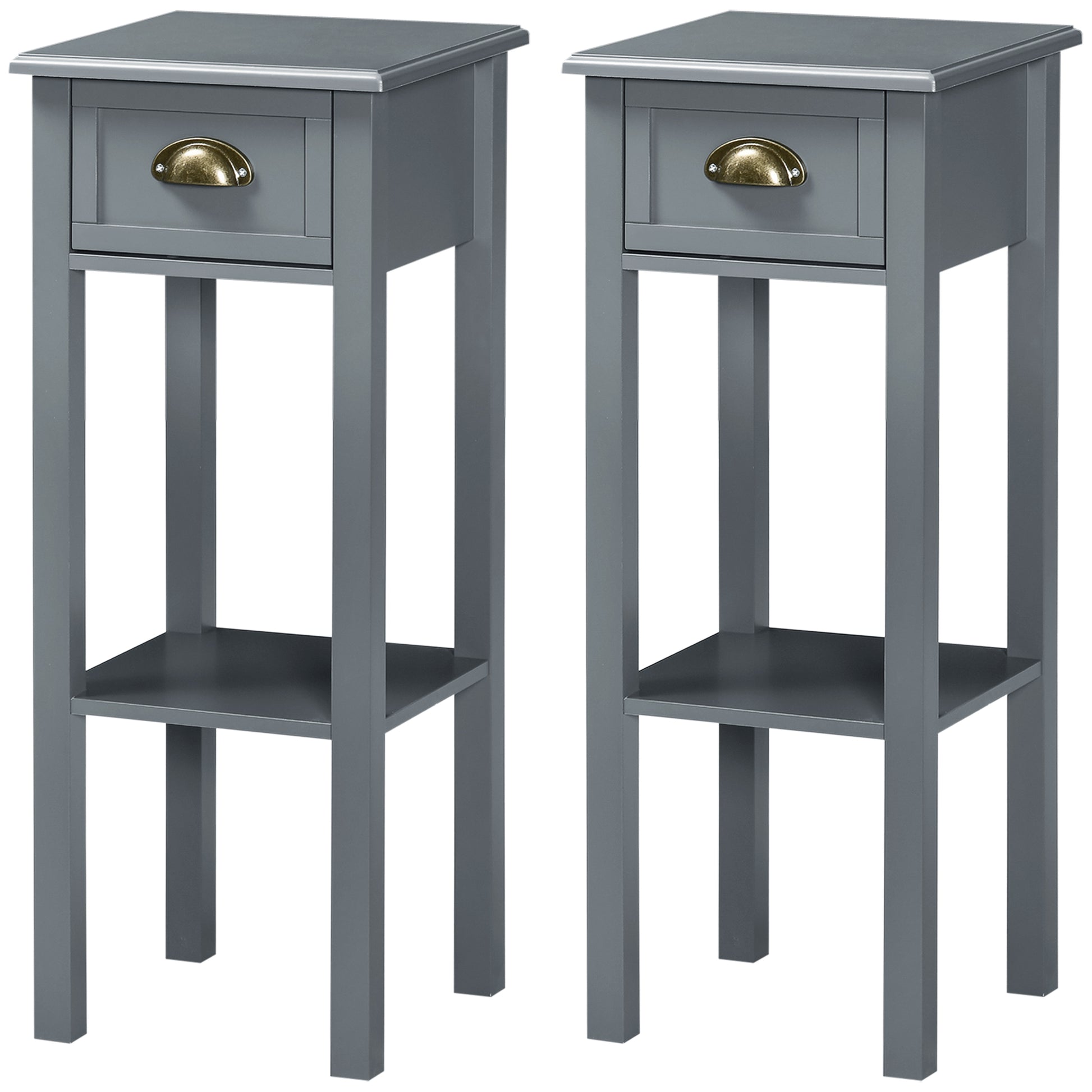 HOMCOM Set of 2 Slim Grey Wooden Nightstands with Drawer and Shelf