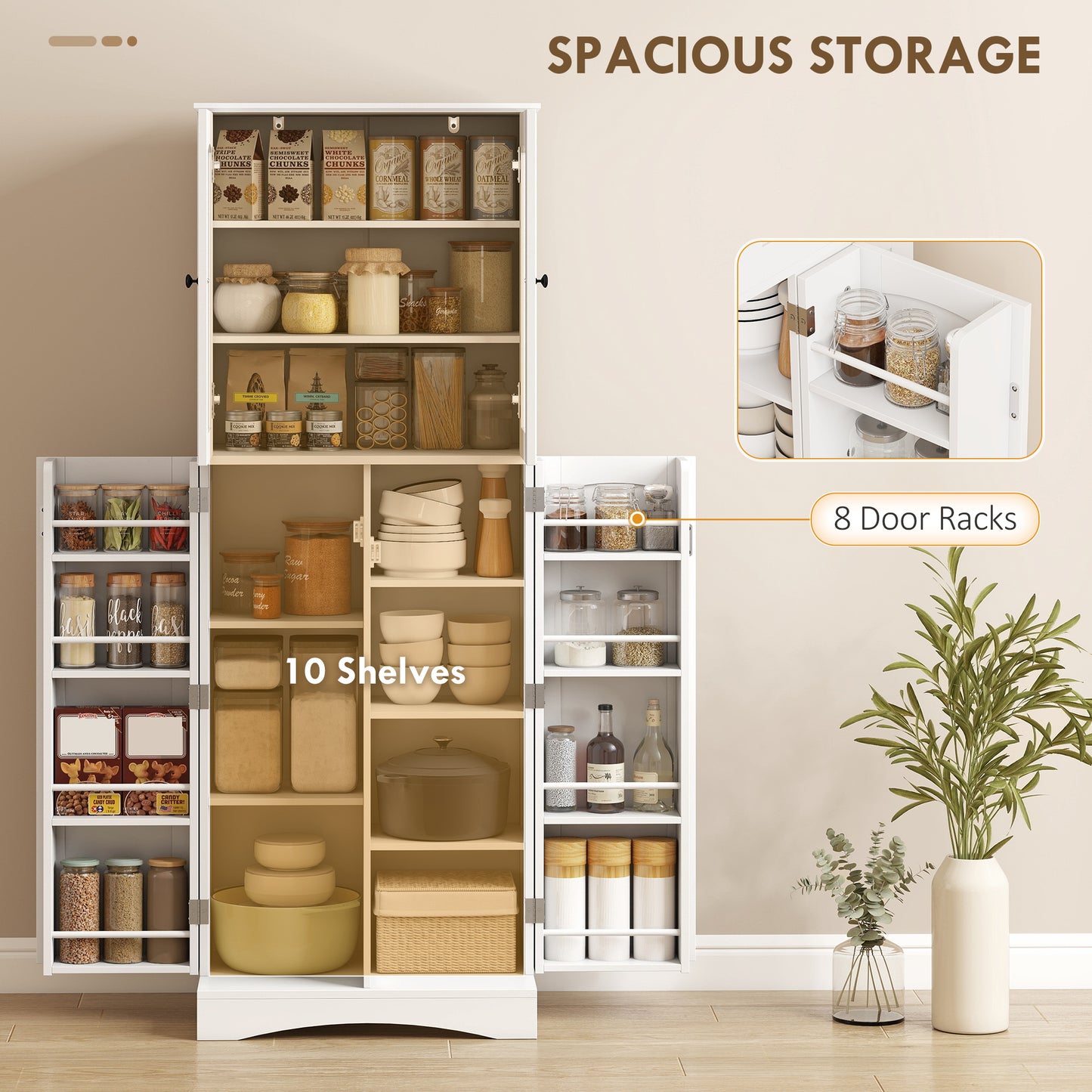 HOMCOM Kitchen Pantry Cabinet Soft‑Close Acrylic Doors, White, 64" Tall