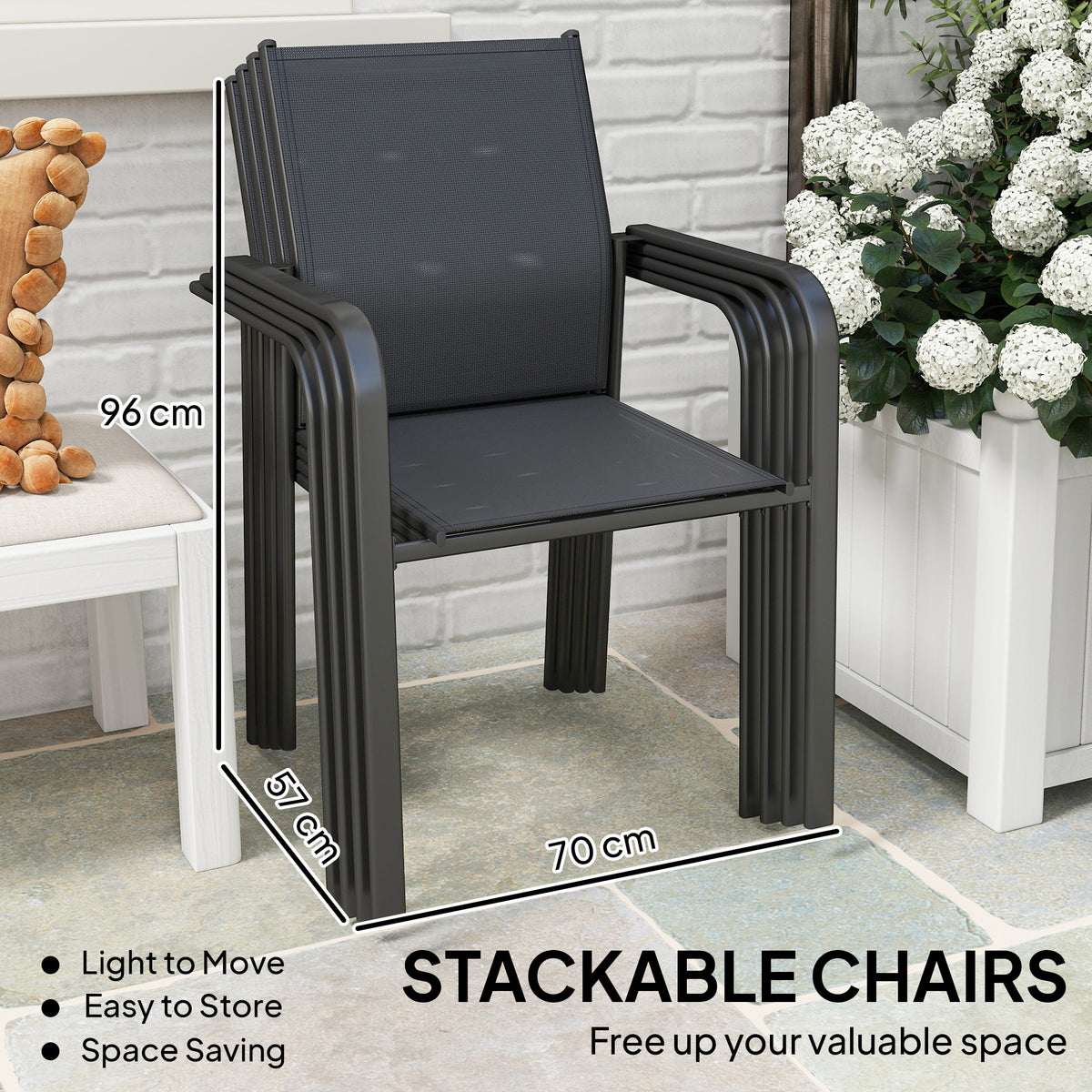 Stackable Patio Chairs Set of 4, Outdoor Dining Chairs with 20" Deep Seat, All Weather Breathable Mesh, Armrests – Black