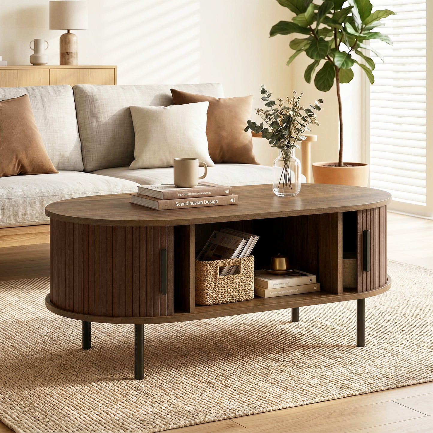 HOMCOM Coffee Table With Sliding Tambour Doors And Storage Center, 39" Brown
