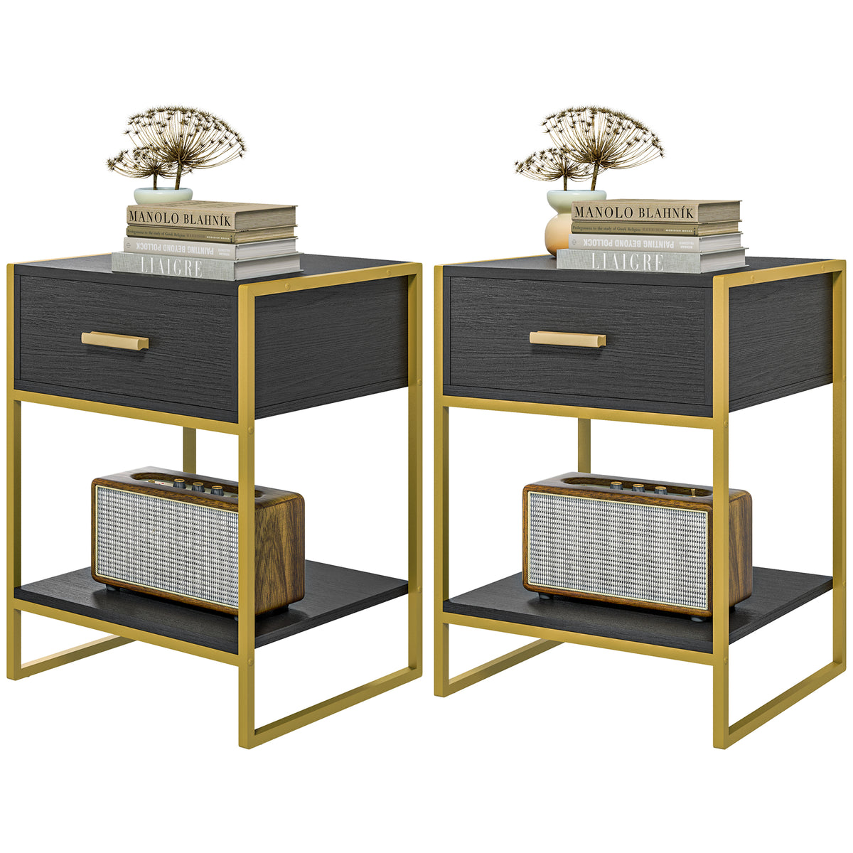Nightstands with Drawer, Shelf and Steel Frame, Set of 2 – 18"W x 24"H