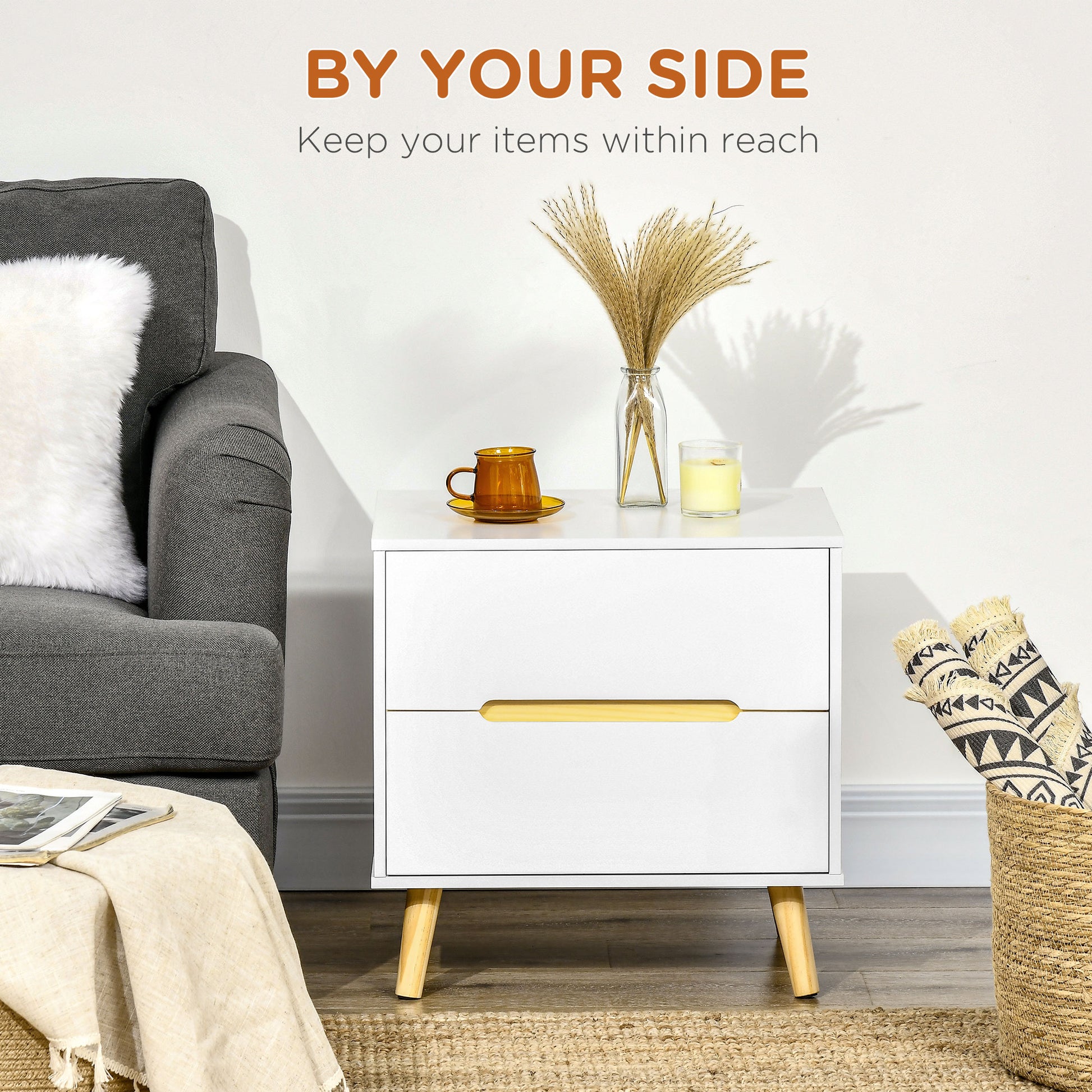 HOMCOM Modern White Nightstand with 2 Drawers, Solid Pine Wood Legs