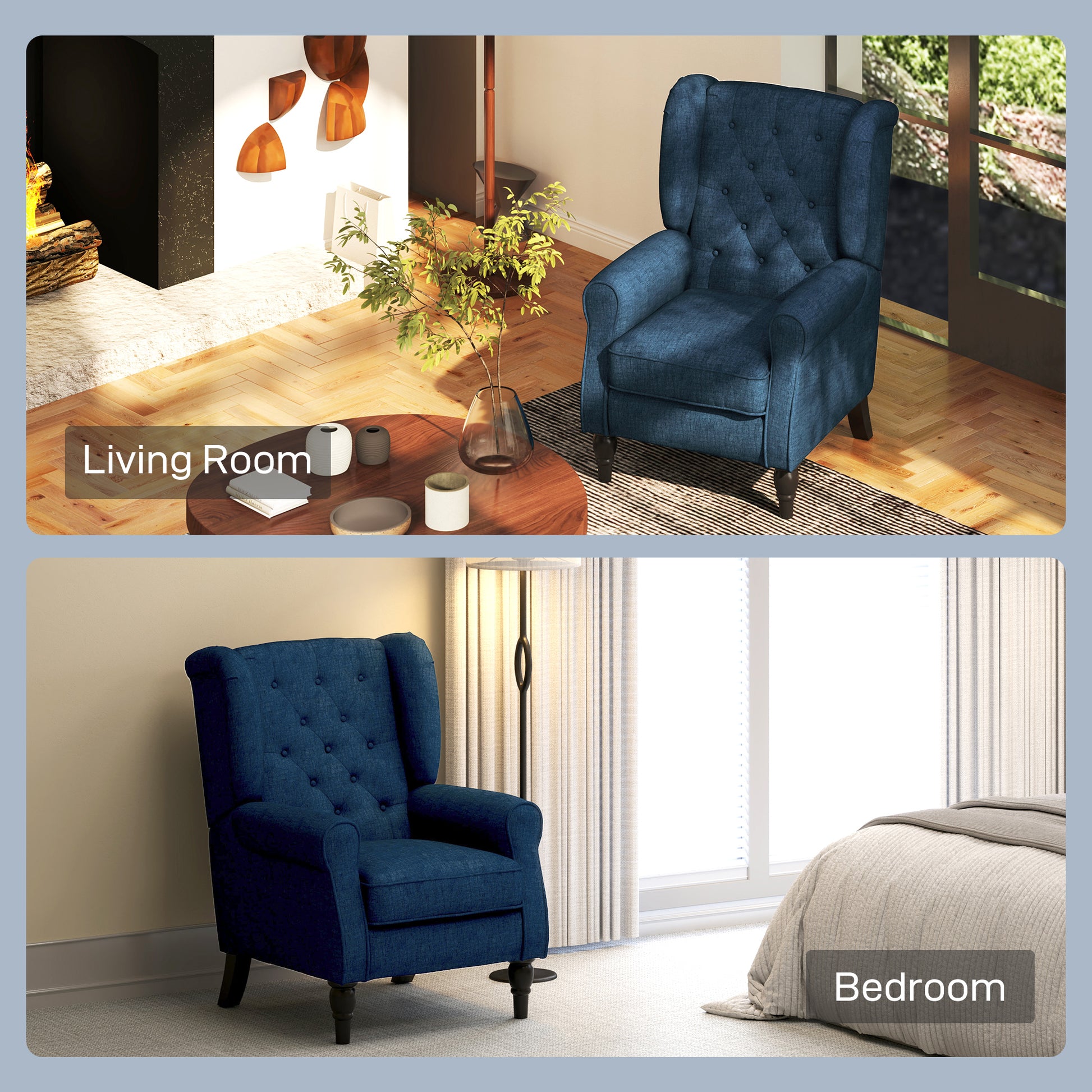 HOMCOM Blue Button Tufted Wingback Accent Chair, Rolled Arms, Padded Seat