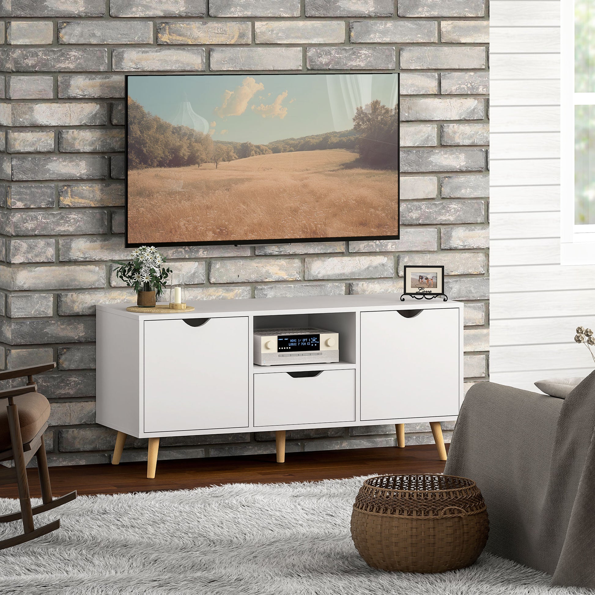 HOMCOM Modern White TV Stand with Open Shelf, Drawer & Cabinets for 50-inch TVs