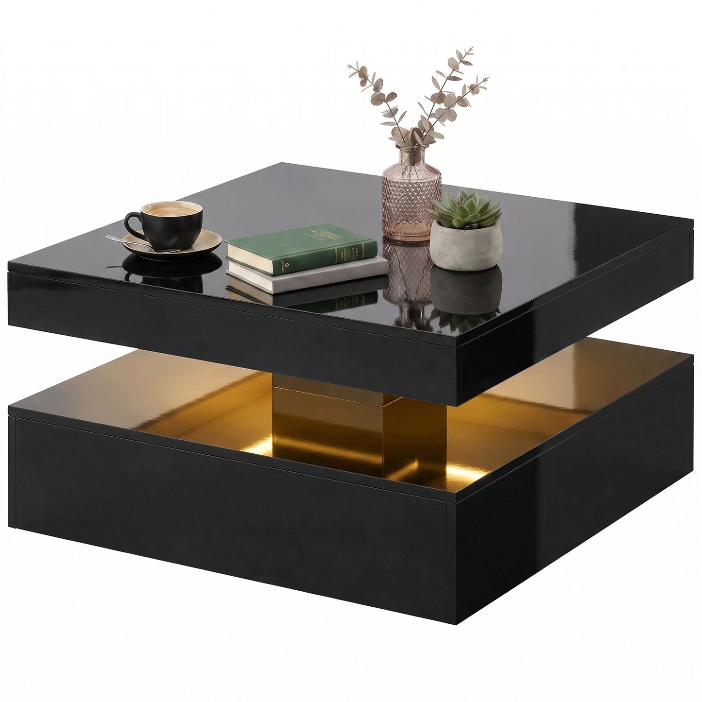 HOMCOM LED Coffee Table with Storage 2-Tier High Gloss Black