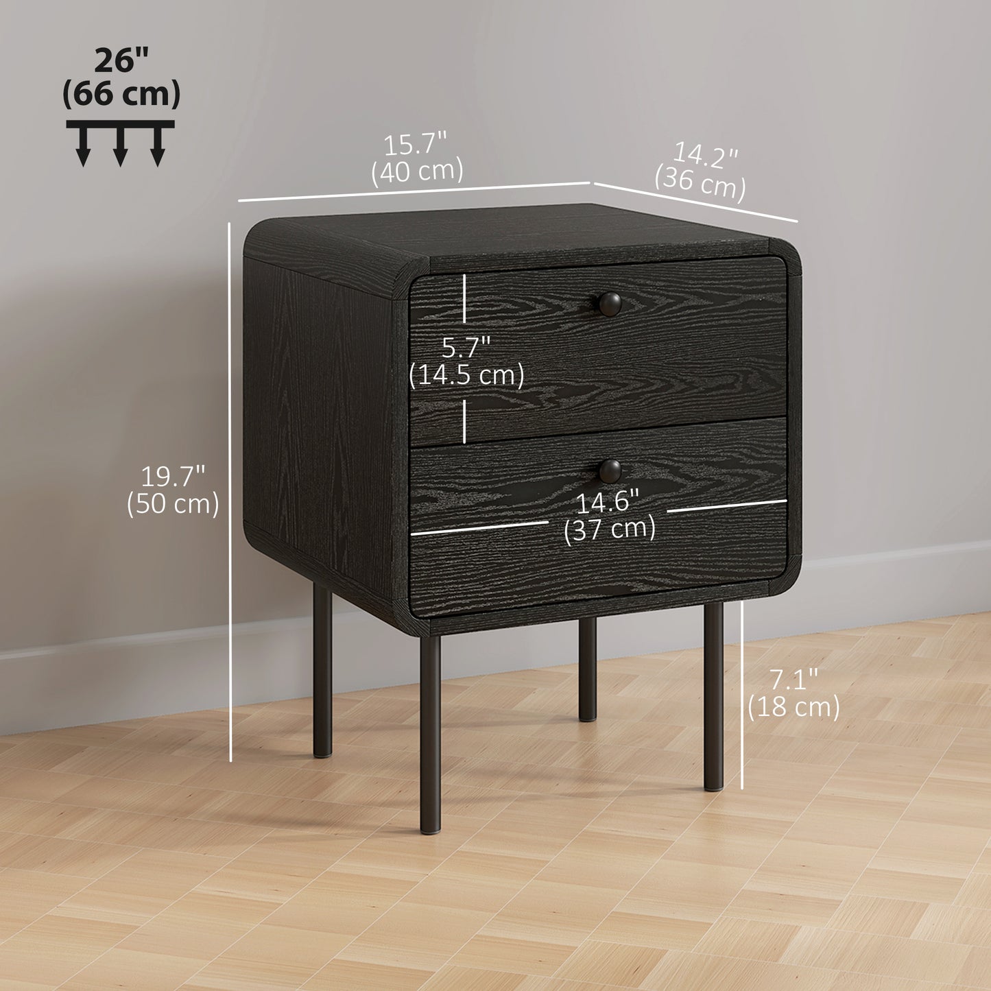 Modern Black Wood Grain Nightstands Set of Two, Dual Storage Drawers