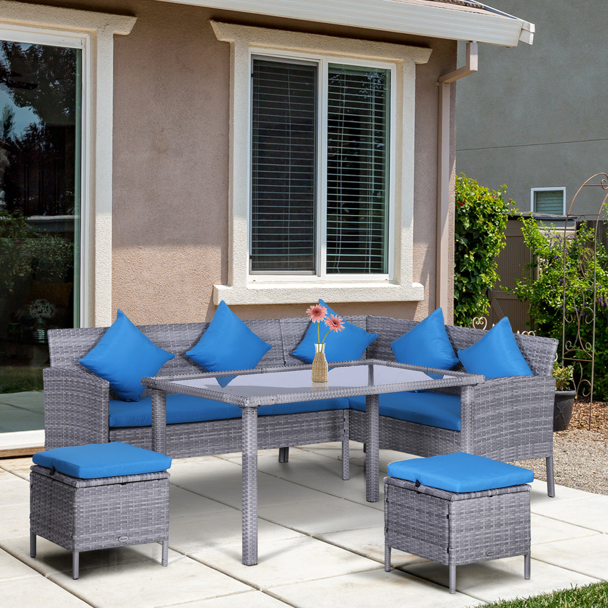 5 Pieces Wicker Patio Conversation Dining Furniture Set with Cushions, Table and Ottomans, Bright