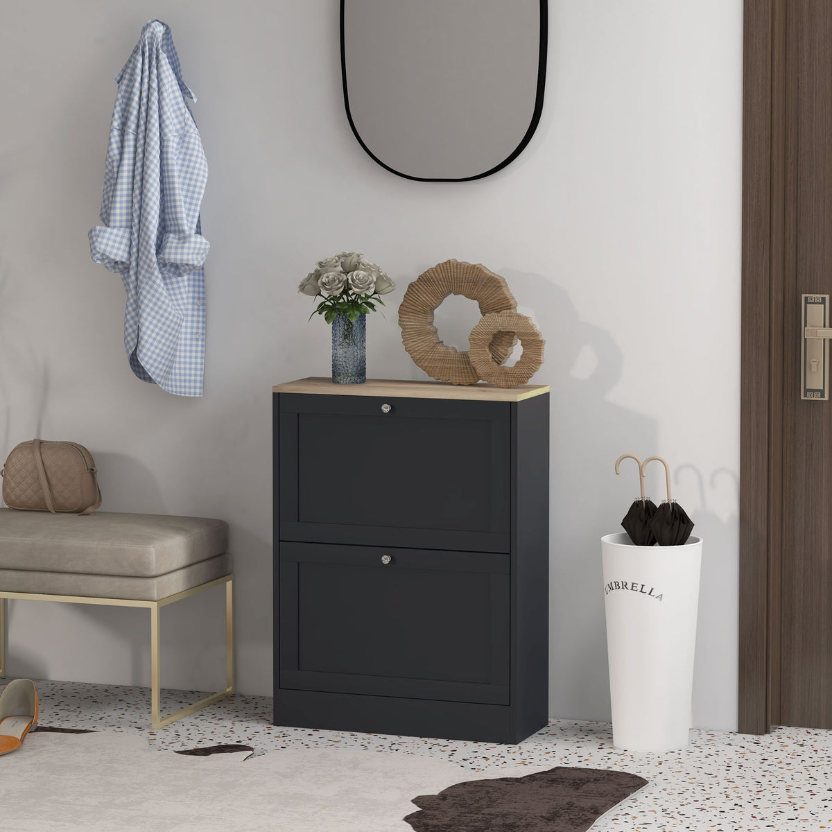 Slim Modern Shoe Cabinet with 2 Flip Drawers – 24"W x 32"H