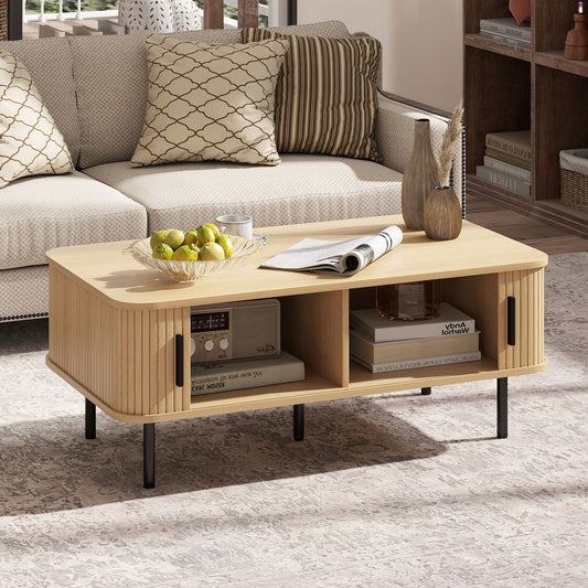 Nordic Coffee Table with Fluted Tambour Sliding Doors, Oak