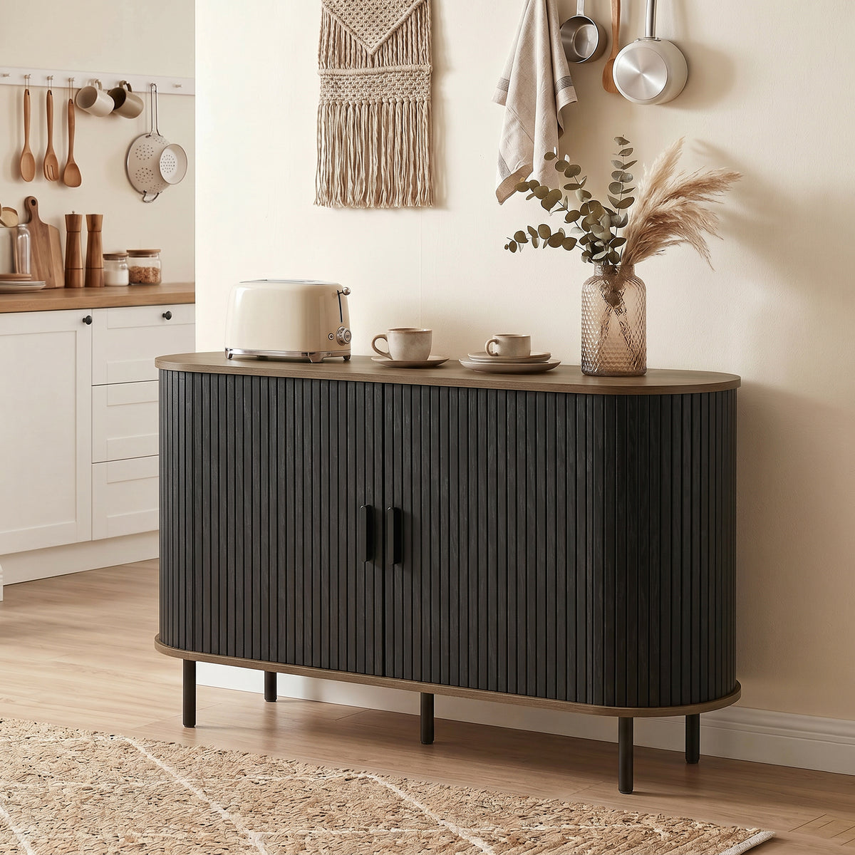 Mid Century Coffee Bar Cabinet with Sliding Doors and Adjustable Shelves – 55"W x 30"H