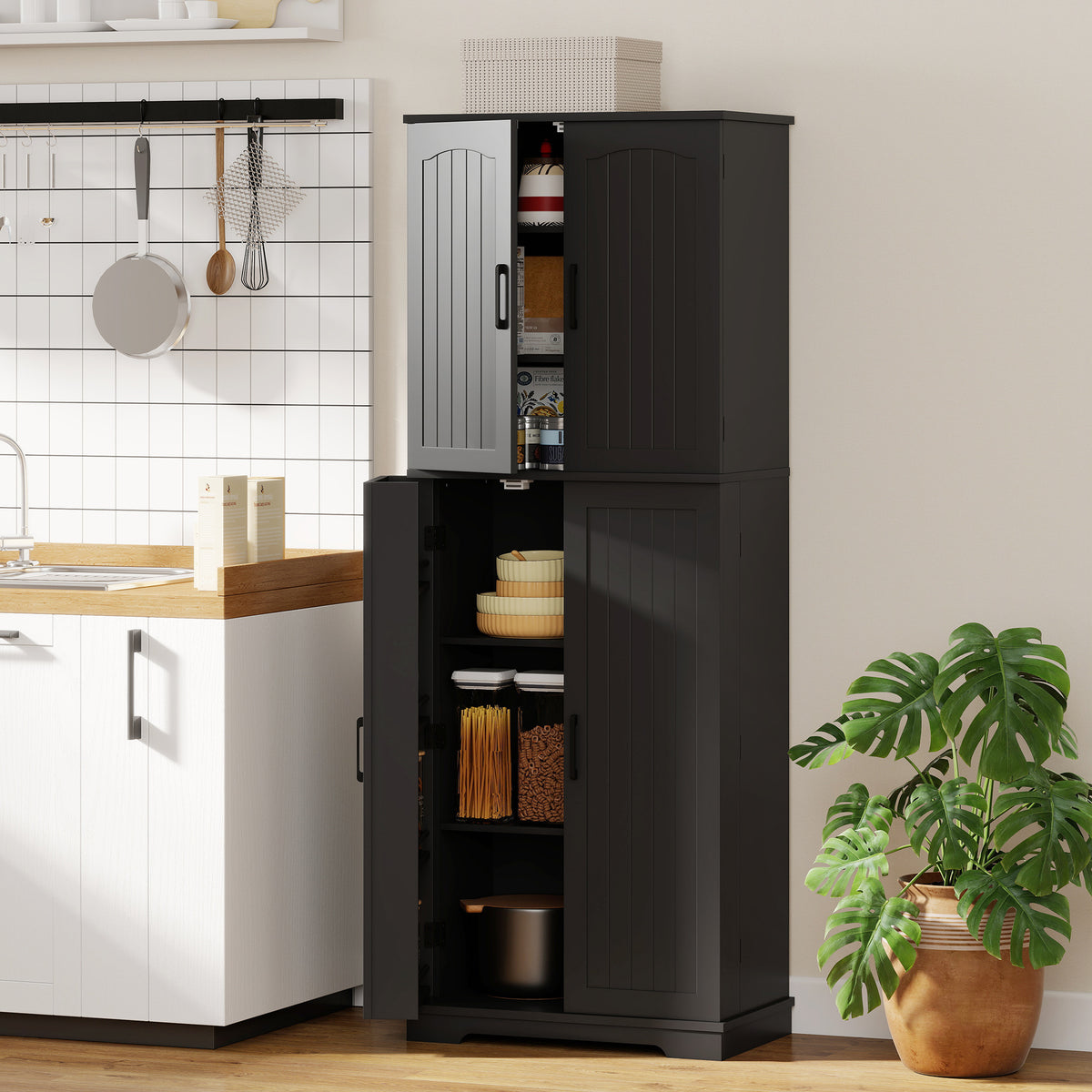 Storage Cabinet with Adjustable Shelves and 8 Door Spice Racks – 24"W x 64"H