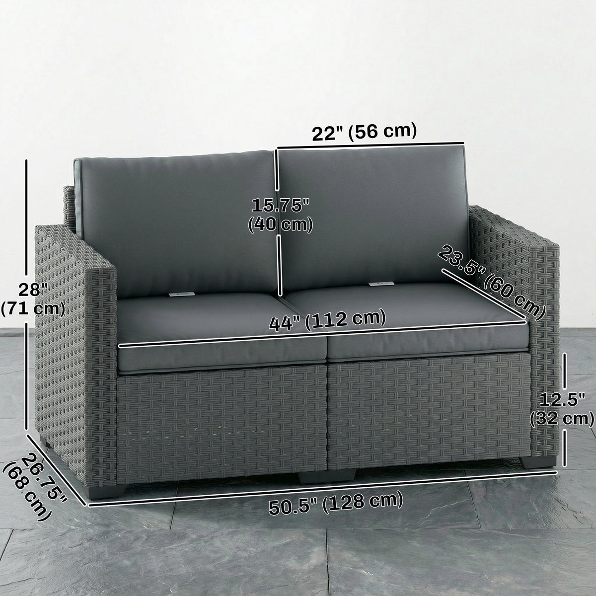 2 Seater Outdoor Couch Patio Sofa with Deep Seat, Cushions, Wide Armrests for Garden, Balcony, Porch
