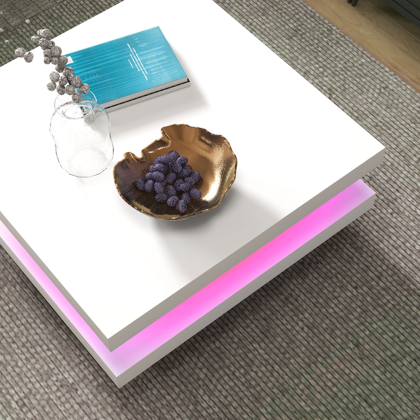 Modern Square Coffee Table with RGB LED Lights, Remote Control, 2-Tier Storage, White