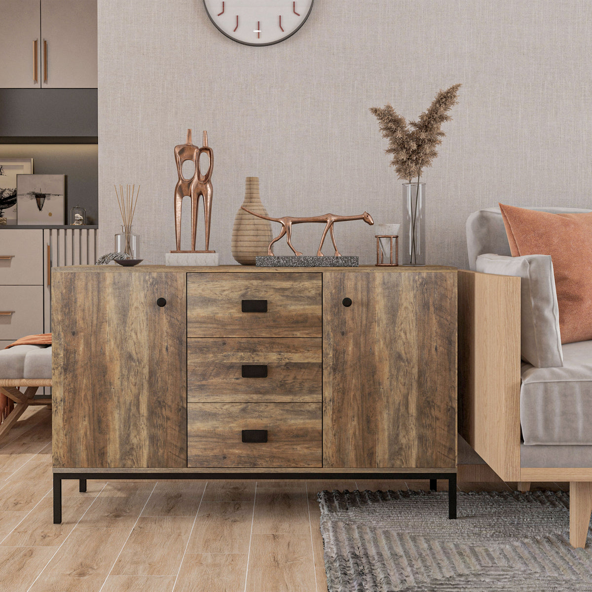 Industrial Sideboard with 2 Doors and 3 Drawers – 47"W x 30"H