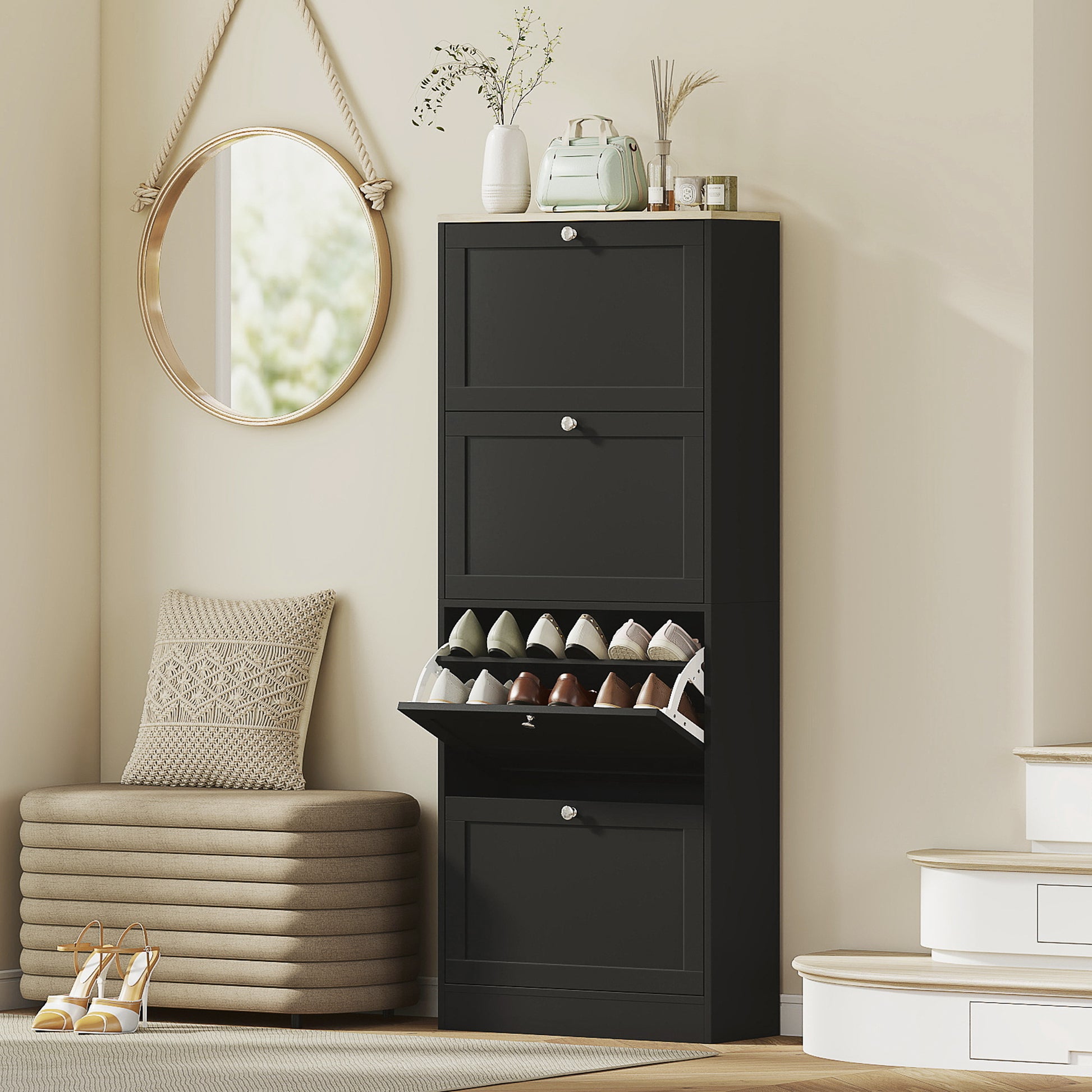 Space-Saving Black Shoe Cabinet: 4 Flip Drawers, Adjustable Shelves, 18-24 Pairs