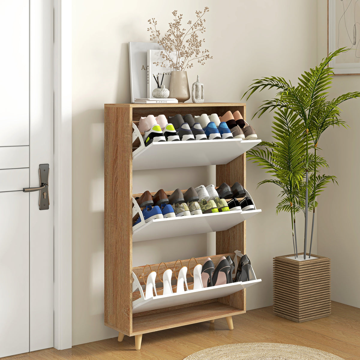 Slim Shoe Storage Cabinet with 3 Flip Drawers – 28"W x 47"H