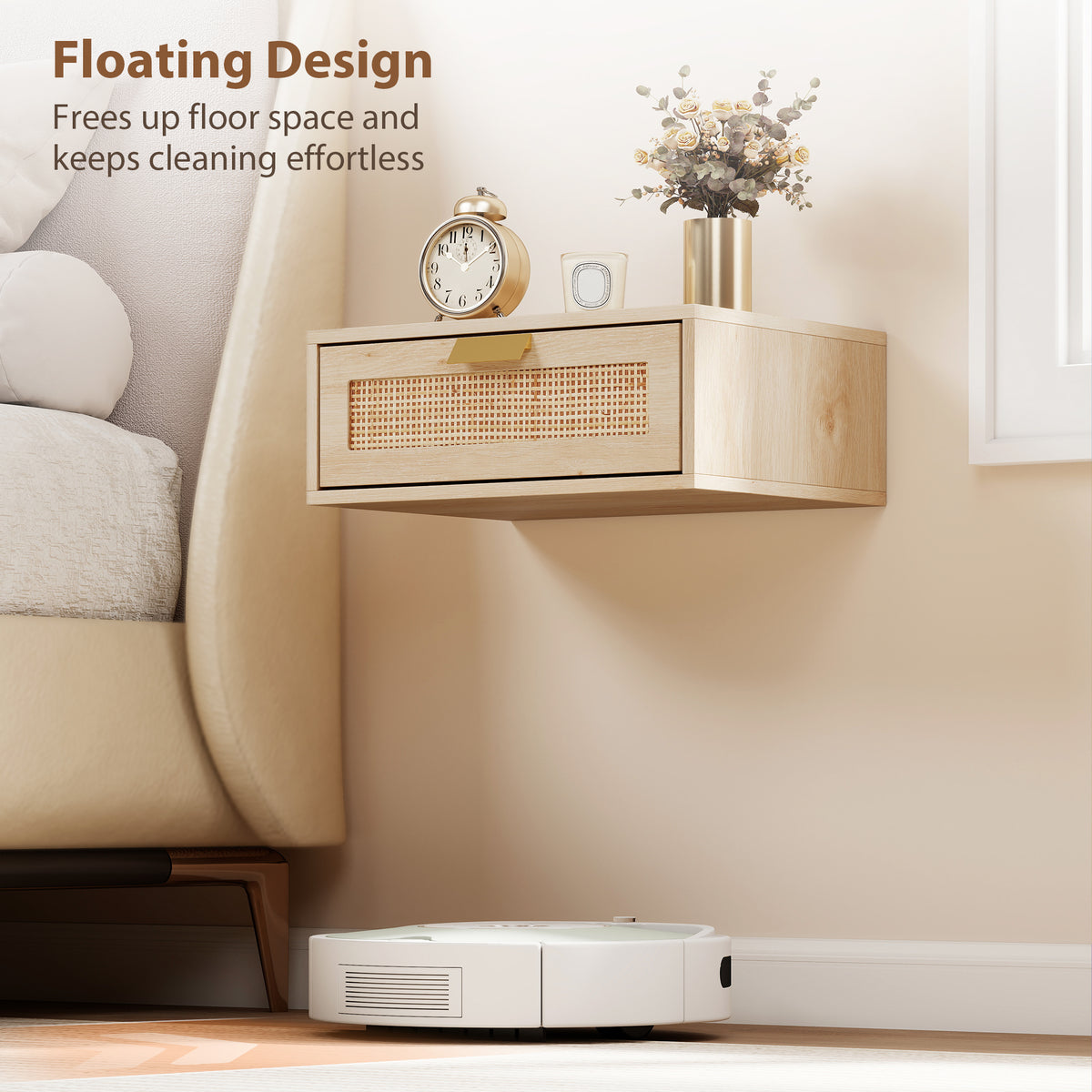 Floating Nightstands with Rattan Drawer, Set of 2 – 16"W x 6"H