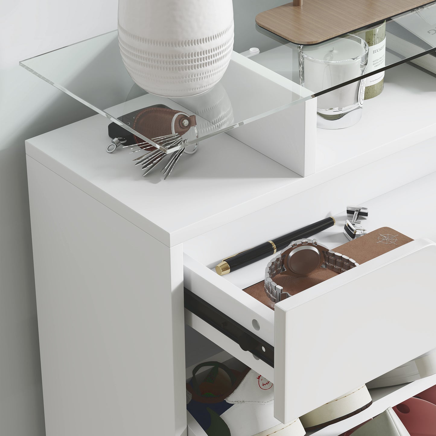 HOMCOM White High Gloss Shoe Cabinet with Adjustable Flip Drawers