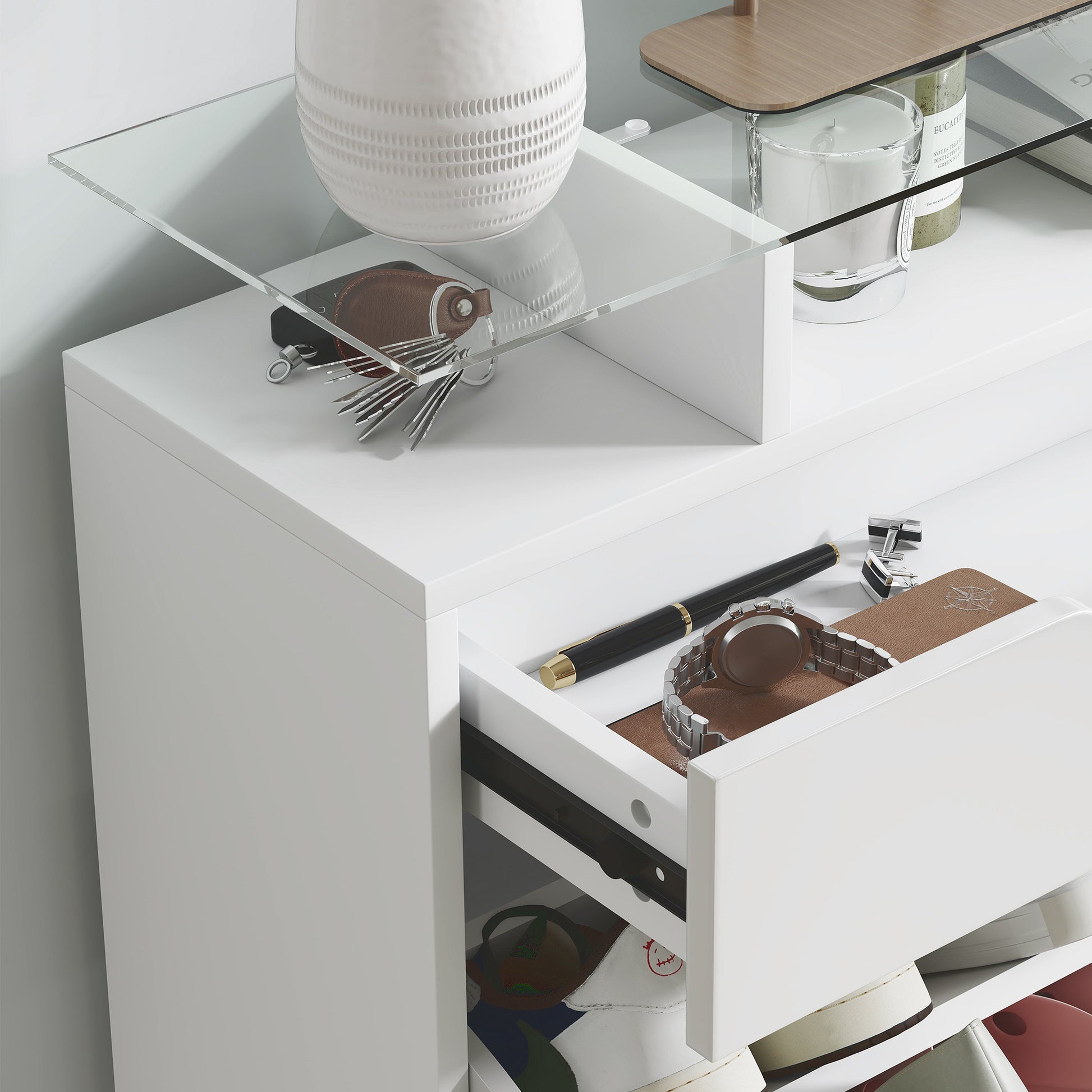 HOMCOM White High Gloss Shoe Cabinet with Adjustable Flip Drawers